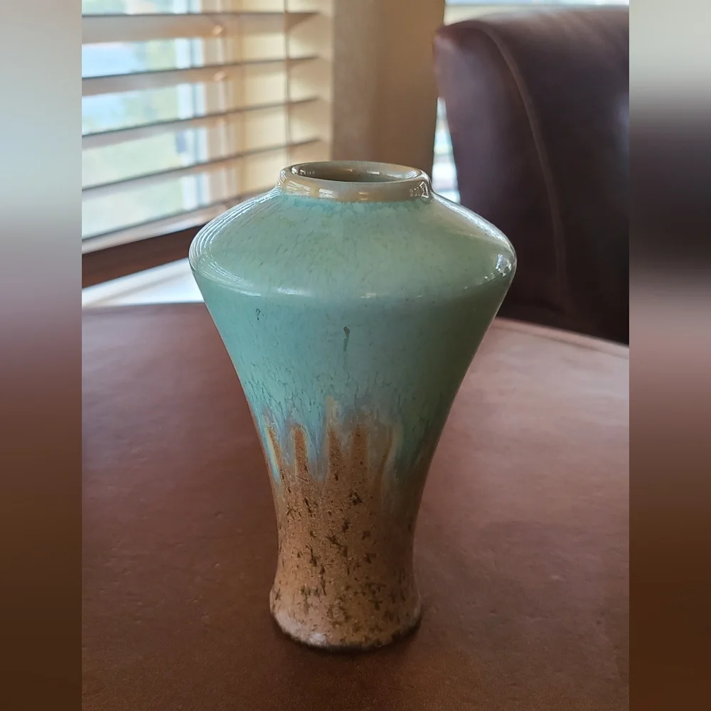 Arts & Crafts style studio pottery vase with beautiful soft blue and brown glaze